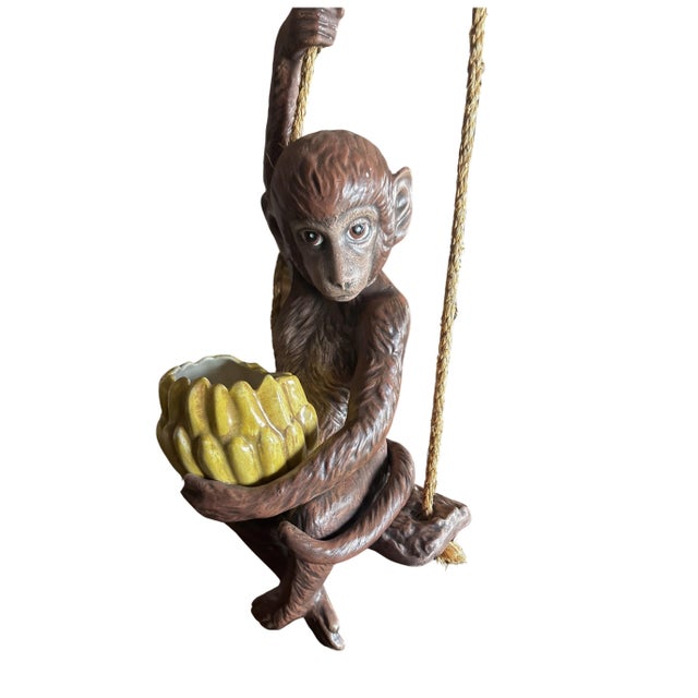 Mid-Century Modern Hanging Planter Swinging Monkey With Banana Bowl “Porch Monkey” Vintage 1970s For Sale - Image 3 of 11