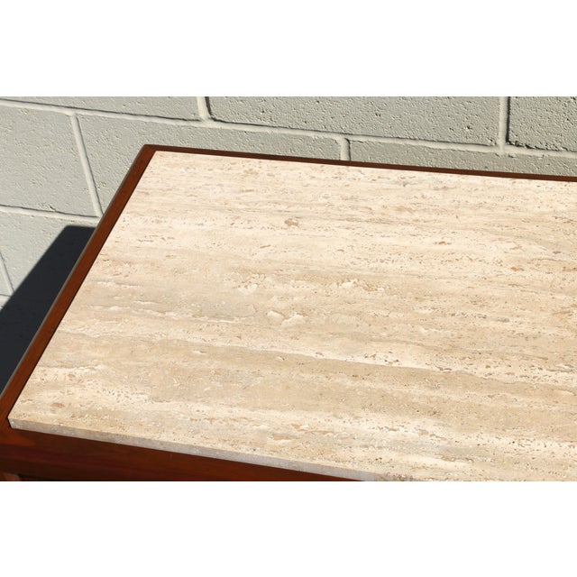 Brass 1970s Dunbar Mid-Century Modern Walnut Credenza / Sideboard With Travertine Top For Sale - Image 8 of 18