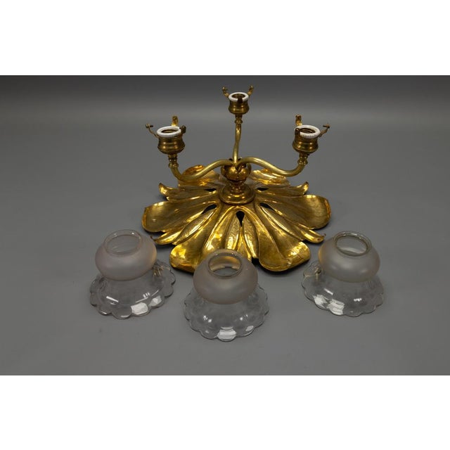 French Art Nouveau Brass and Glass Three-Light Flush Mount Ceiling Light, 1920 For Sale - Image 18 of 18