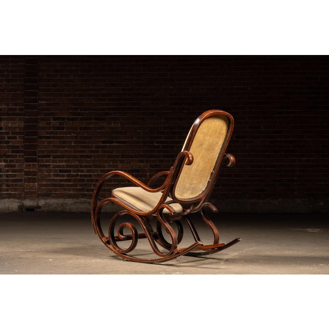 Antique Thonet-Style Bentwood Rocking Chair With With Upholstered Seating For Sale - Image 4 of 13