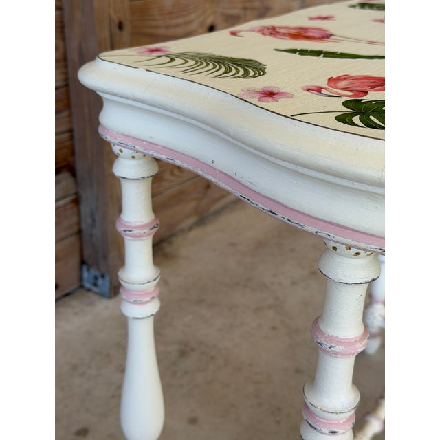 Antique Console Table With Custom Flamingo Decoupage Top | Hand-Painted Coastal Piece For Sale - Image 9 of 12