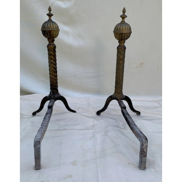 Traditional Vintage 1960s Wrought Iron and Brass Andirons- a Pair For Sale - Image 3 of 10