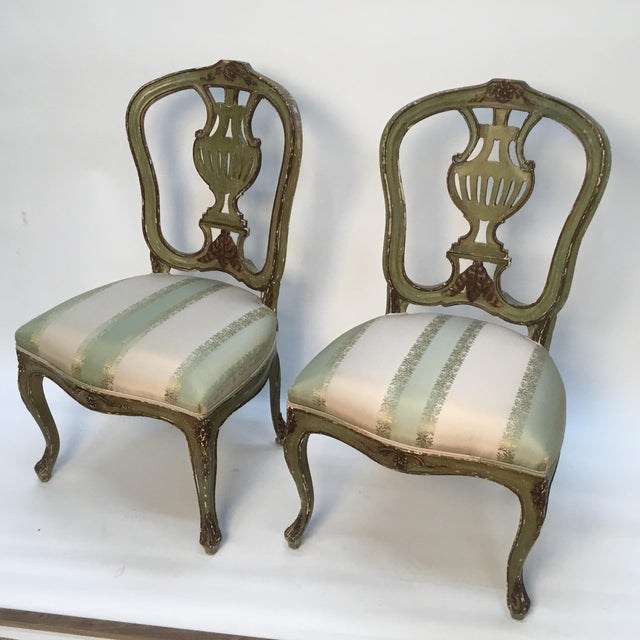 Late 19th Century Vintage Italian Green Painted, Carved and Gilt Louis XV Side Chairs- A Pair For Sale - Image 12 of 12