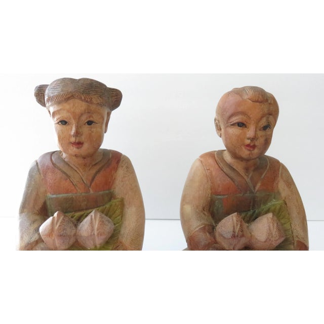 Brown Vintage Hand Carved Wooden Statues Boy Girl Asian Influenced Figures - Set of 2 For Sale - Image 8 of 10