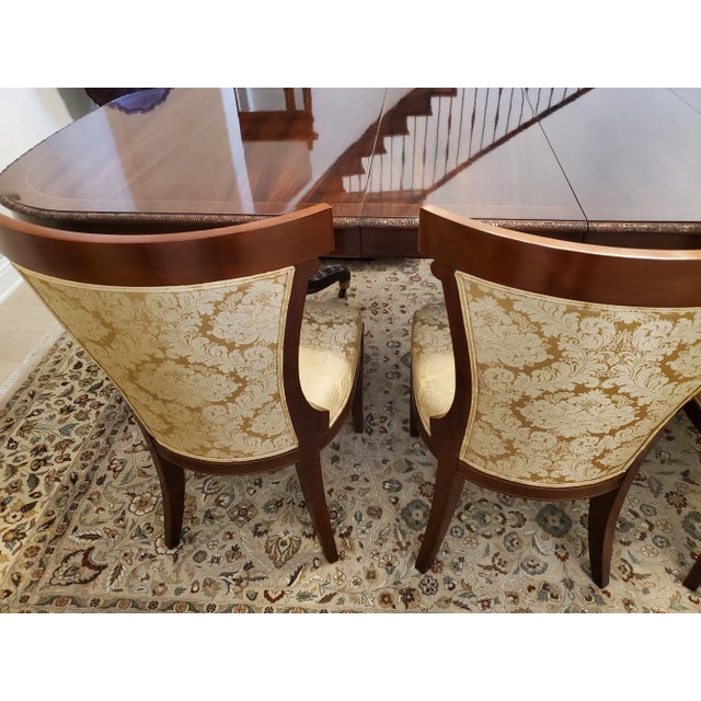 Wood John Widdicomb Set of 8 Pristine Klismos Dining Room Chairs With Gold Satin Damask For Sale - Image 7 of 12