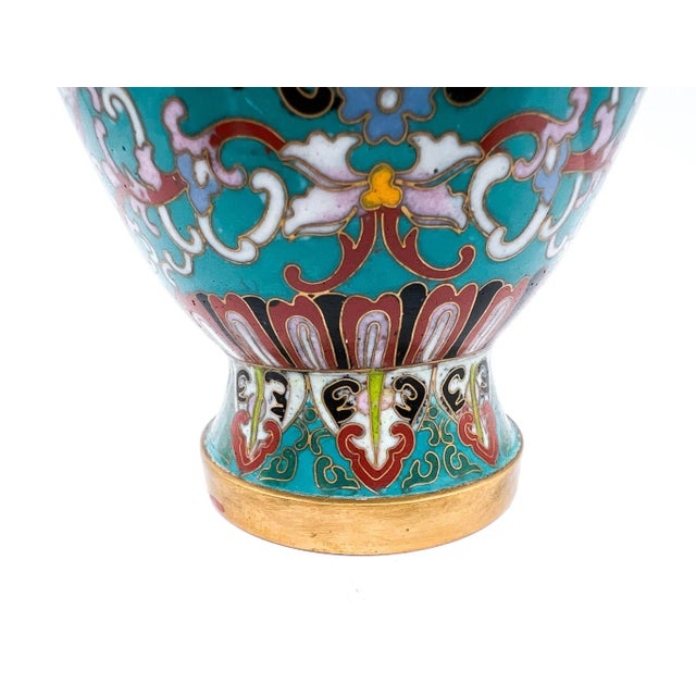 Pair of Vintage Chinese Cloisonné Vases With Brass Dragon Handles –Turquoise Enamel Bird Motif Chinoiserie / Hollywood Regency / Grandmillennial Decor For Sale - Image 14 of 15