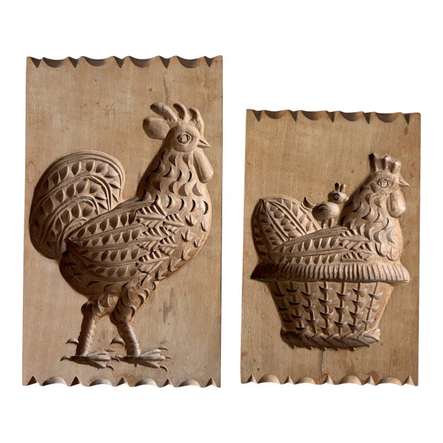 Pair Vintage German Folk Art Wood Springerle Mold Cookie Press - Rooster & Hen For Sale