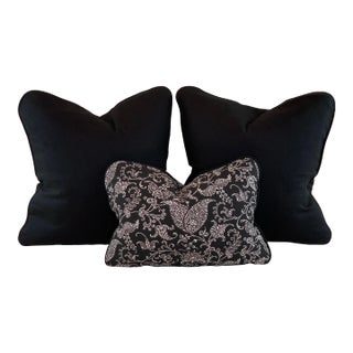 Designer Premier Prints MM Designs Black & White Botanical Floral Leaf Paisley Scroll & Solid Pillow Covers- 3 Pieces For Sale