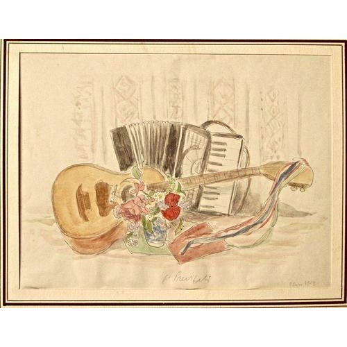 Pencil and watercolor on paper. Hand signed and dated. Delicate still life with musical instruments and flowers. Matted,...