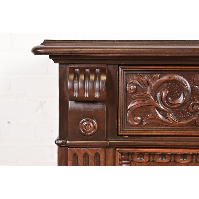 Berkey & Gay Antique English Tudor Carved Walnut and Burl Wood Bar Cabinet, Newly Refinished For Sale - Image 10 of 15