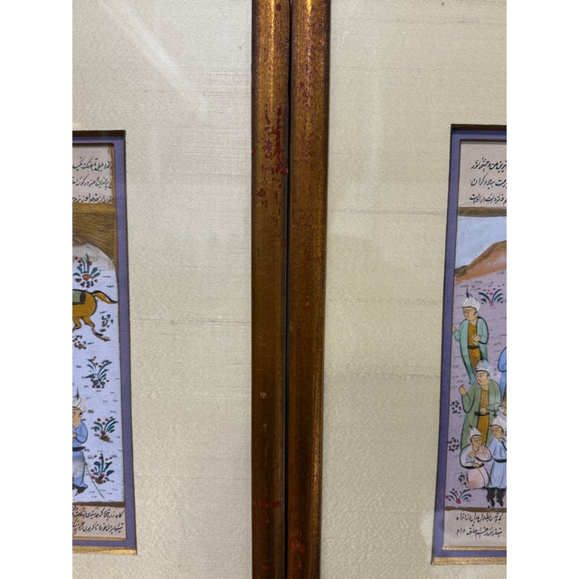 Ink Blue Pair, Persian Manuscript Paintings, Horsemen and Courtly Gathering For Sale - Image 8 of 10