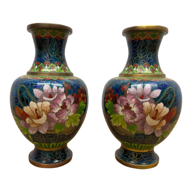 Mid 20th Century Vintage Chinese Cloisonne Floral Decorated Vases- a Pair For Sale