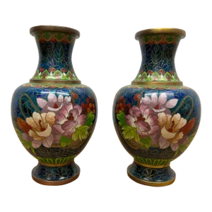 Mid 20th Century Vintage Chinese Cloisonne Floral Decorated Vases- a Pair