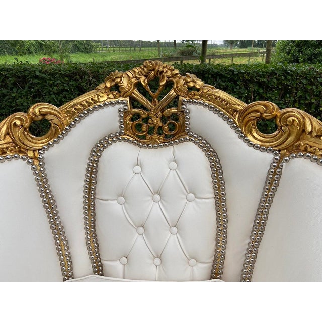 White Pair 1950s French Louis XVI Gold Baroque Rococo Leather Bergere Chairs For Sale - Image 8 of 9