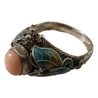 1950s Bj Beatrix Pink Coral Cloisonne Butterfly Sterling Silver Ring Size 11 For Sale