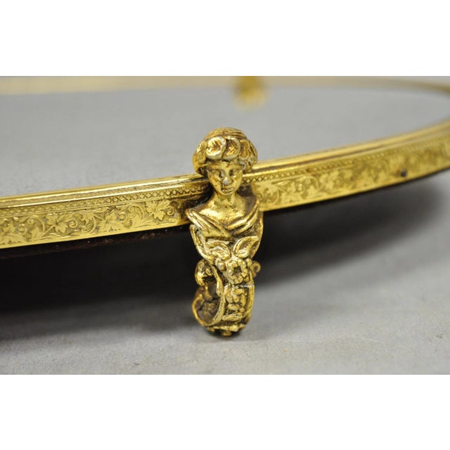 Vintage Hollywood Regency Gold Maiden Bust Oval Beveled Glass Mirror Vanity Tray For Sale - Image 4 of 13
