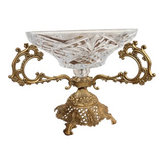 Exquisite Hollywood Regency Brass and Crystal Bowl For Sale