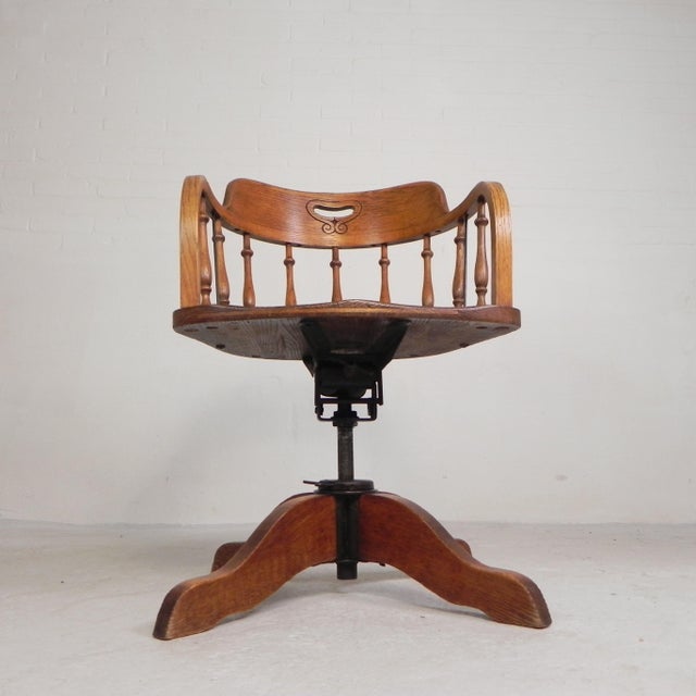 Height-Adjustable Oak Swivel Office Chair, 1930s For Sale - Image 3 of 18