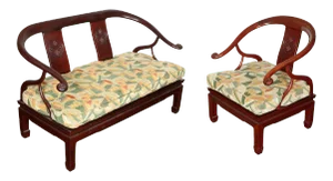 Asian Rosewood Armchair and Settee With Clarence House Fabric