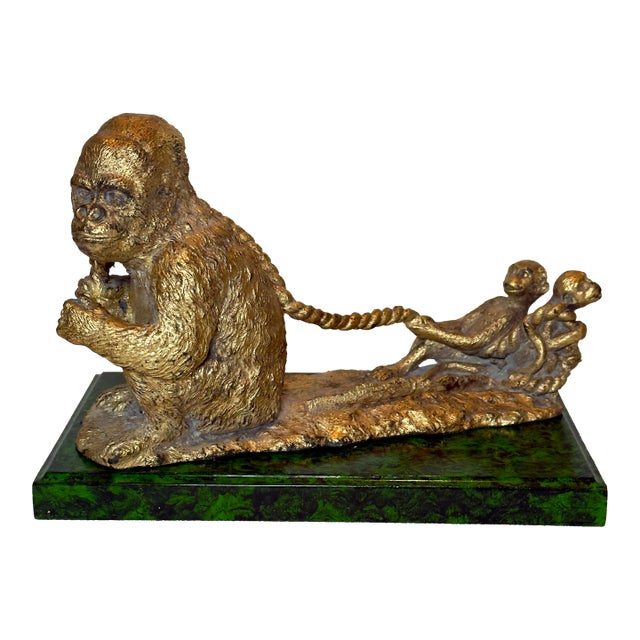 Mid-Century James Mont Style Bespoke Hand Gilt & Faux Malachite "Monkey Business" Art Sculpture / Business Card Holder - Newly Painted For Sale