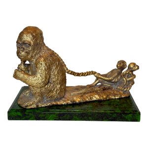Mid Century “Monkey Business” Hand Gilt Faux Malachite Paper Weight / Card Holder Newly Painted