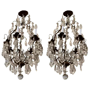 Matching Glitzy French Gilt Metal and Cut Glass Chandeliers - a Pair
