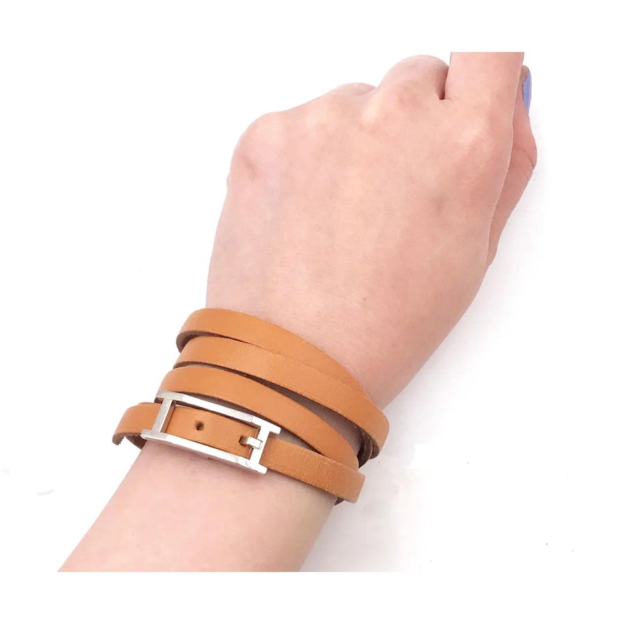 Hermes Palladium H Belt Leather Wrap Bracelet | Chairish