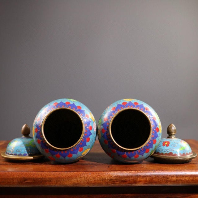 Metal Pair of Vintage Chinese Cloisonné "Dragon & Phoenix" Ginger Jars - 2495g For Sale - Image 7 of 9
