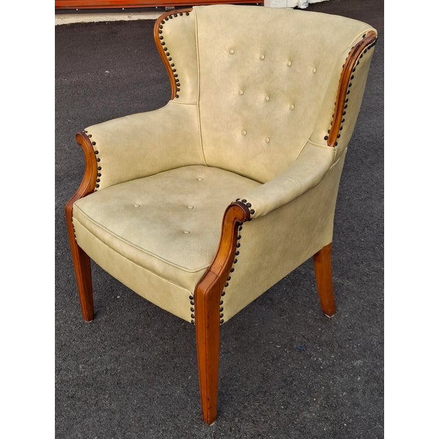 Pair Mid 20th Century Mahogany and Tufted Vinyl Upholstered Wingback Chairs For Sale - Image 10 of 14