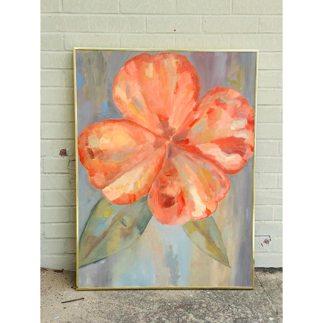 A striking large-scale floral painting featuring an oversized coral-orange blossom rendered in expressive, painterly...