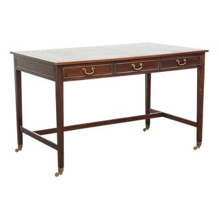English Style Writing Desk on Wheels with Blue Leather Top For Sale