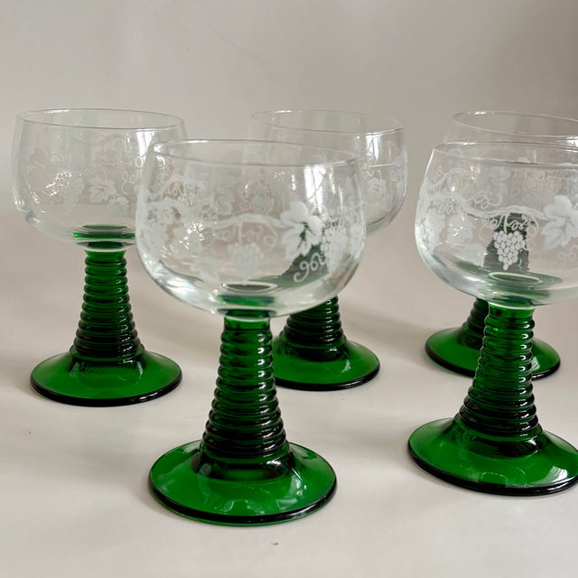 Vintage French Luminarc Roemer Green Stem Wine Glasses – Set of 5 For Sale - Image 10 of 10