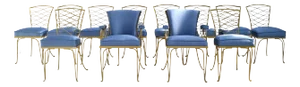 René Prou Art Deco Gold Wrought Iron Dining Room Chairs Blue Fabric - Set of 14