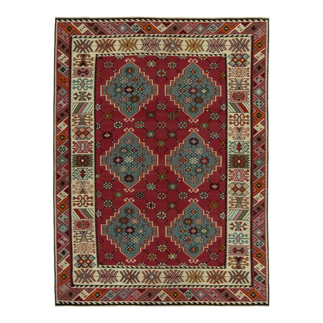 Antique Persian Kilim Rug in Burgundy & Blue Geometric Pattern For Sale