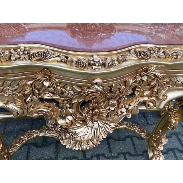 1970s Italian Baroque Gilt Beech Pink Marble Console & Mirror – 2 Pc For Sale - Image 14 of 18