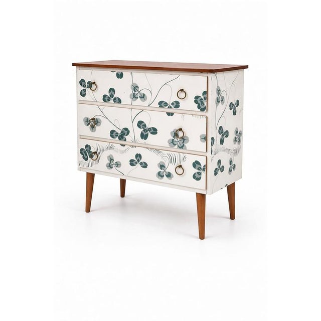 1950s Scandinavian Modern Teak Commode with Clover Wallpaper by Josef Frank For Sale - Image 5 of 10