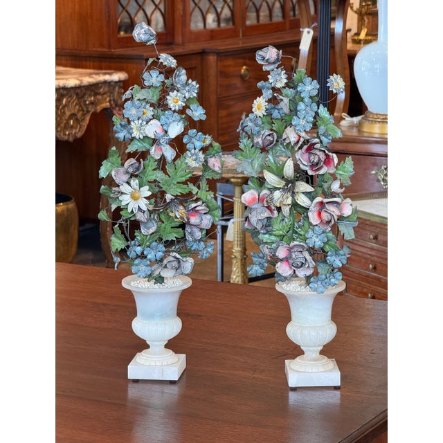Metal 1920s Pair of Tole Flowers in Alabaster Urns For Sale - Image 7 of 11