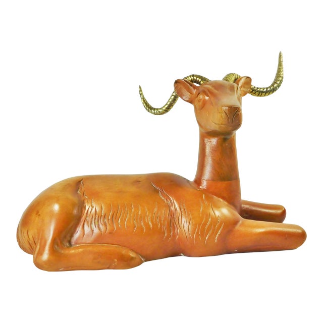 Large Vintage Mid Century Carved Wood Antelope Sculpture With Brass Horns For Sale