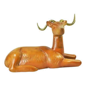 Large Vintage Mid Century Carved Wood Antelope Sculpture With Brass Horns