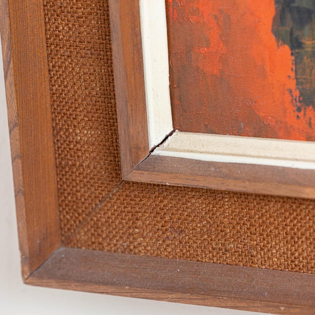 Features a vibrant, high-texture palette knife composition in sunset oranges and electric teal. Housed in its original...