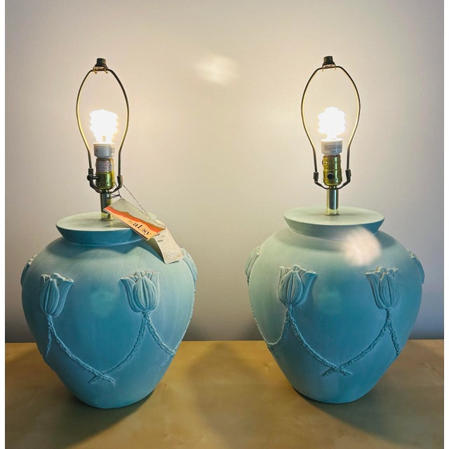 Vintage Pair 1986 Southwest Alsy Tulip Theme Celadon Table Lamps For Sale - Image 4 of 10