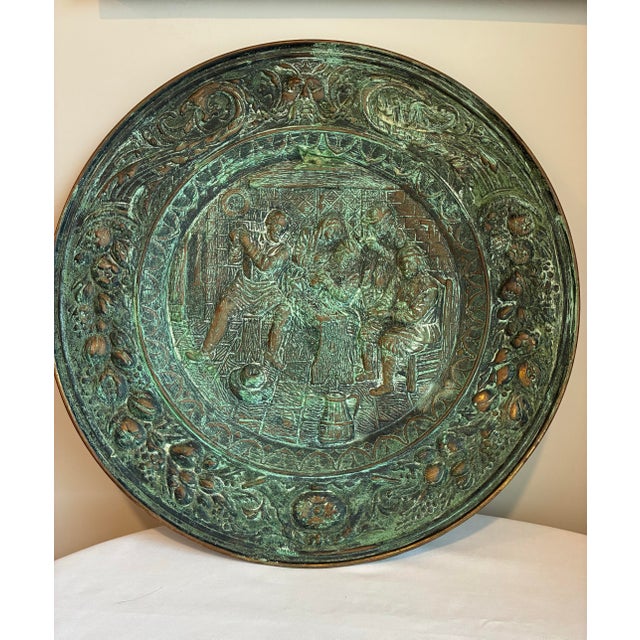 Large 22.5” Antique Dutch Tavern Scene Copper Repoussé Wall Plaque / Charger Circa 1890’s For Sale - Image 11 of 12