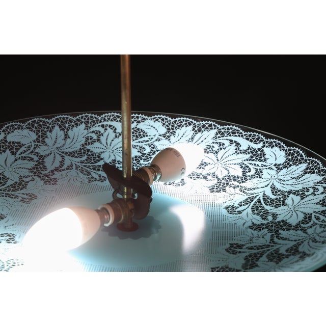 Vintage Italian Floral Glass and Brass Pendant Chandelier, Mid-Century, 2 Lights For Sale - Image 6 of 15