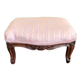 Antique French Carved Walnut Pink Upholstery Footstool For Sale