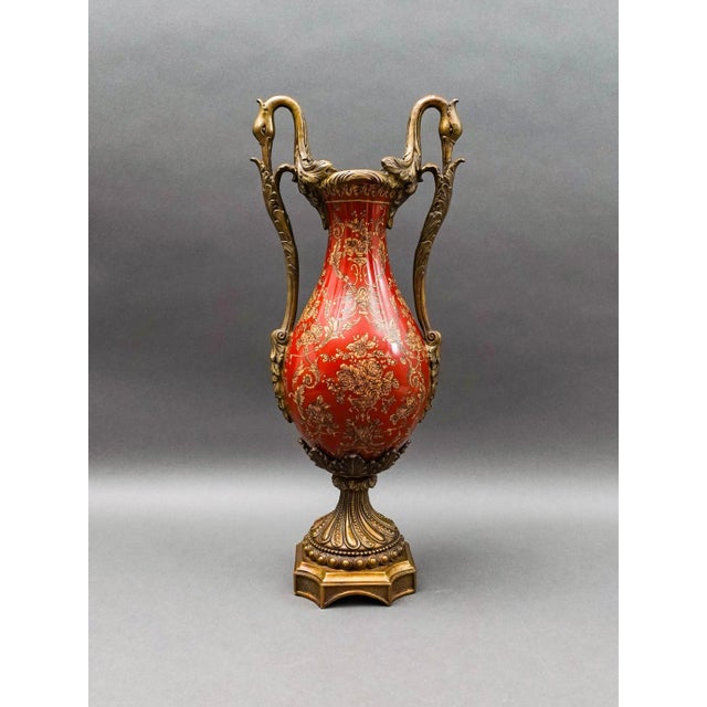 Mid 20th Century Vintage Hand Painted Gold Floral Porcelain Ornate Bronze Swan Urn Vase For Sale - Image 5 of 7