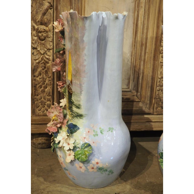 Pair of Circa 1890 Hand Painted French Gros-Relief Blue Ground Barbotine Vases For Sale - Image 10 of 18