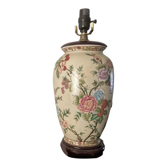 Vintage Mid 20th Century Matte Porcelain Chinese Floral Lamp For Sale