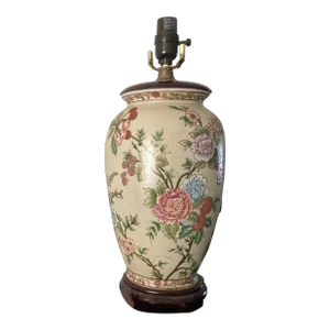 Vintage Mid 20th Century Matte Porcelain Chinese Floral Lamp