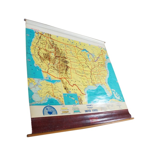 This exceptional vintage classroom pull-down wall map of the United States was produced by the prominent George F. Cram...