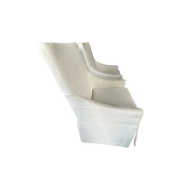 Pair Restoration Hardware Belgian Slipcovered Slope Arm Dining Armchair – Luxury Skirted Host Chair For Sale - Image 10 of 12